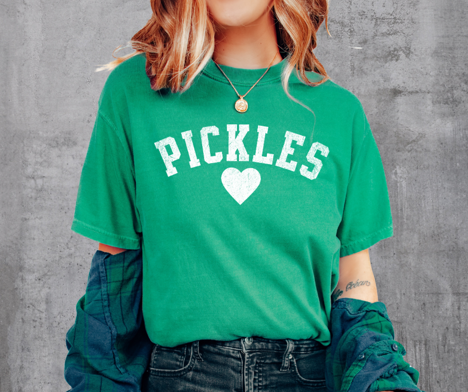 Distressed Pickles Heart in White text on Green Tee - The Red Rival