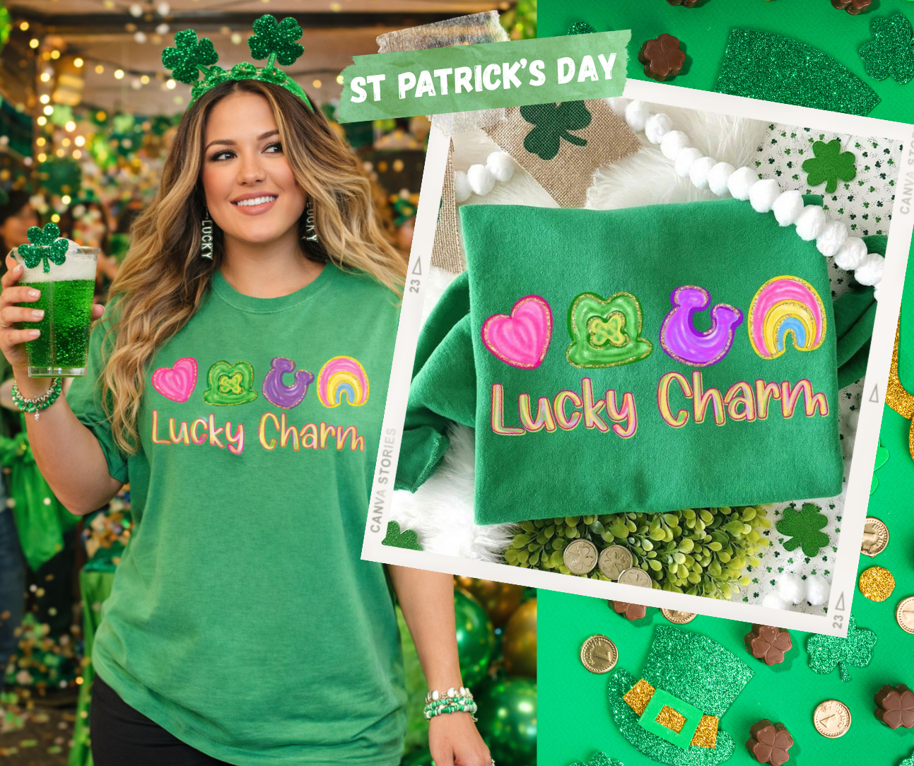 Saint Patrick's Day Promo Picture of Green shirt with watercolor icons and the words "LUCKY CHARM" on it.