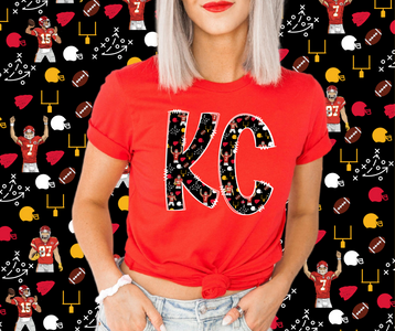 Mahomes, Kelce, Butker Pattern Doodle KC Letters Red Graphic TShirt - The Red Rival