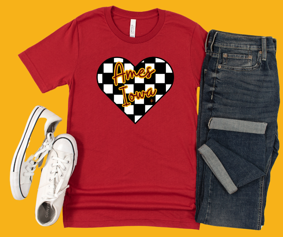 Ames Iowa Checkered Heart Maroon Graphic Tee - The Red Rival