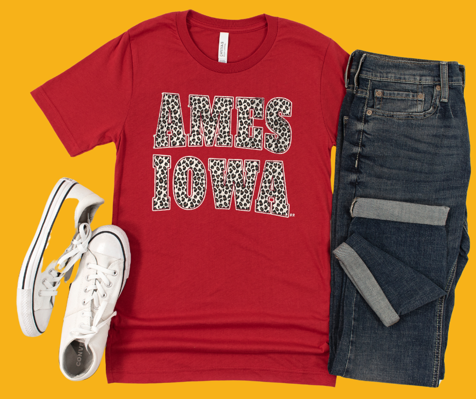 Leopard Ames Iowa Block Letters Maroon Tee - The Red Rival