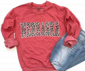Leopard Nebraska Block Letters Heather Red Sweatshirt - The Red Rival