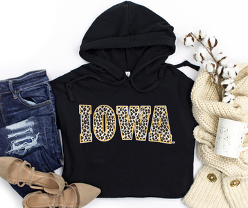 Leopard Gold Iowa Block Letters Black CROP Hoodie - The Red Rival