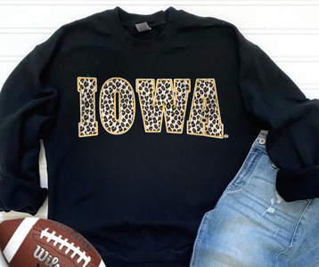 Leopard Gold Iowa Block Letters Black Sweatshirt - The Red Rival