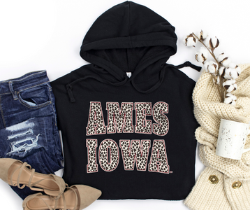 Leopard Ames Iowa Block Letters Black CROP Hoodie - The Red Rival