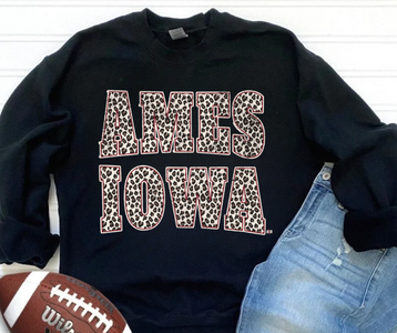 Leopard Ames Iowa Block Letters Black Sweatshirt - The Red Rival