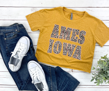 Leopard Ames Iowa Block Letters Gold Crop Graphic Tee - The Red Rival