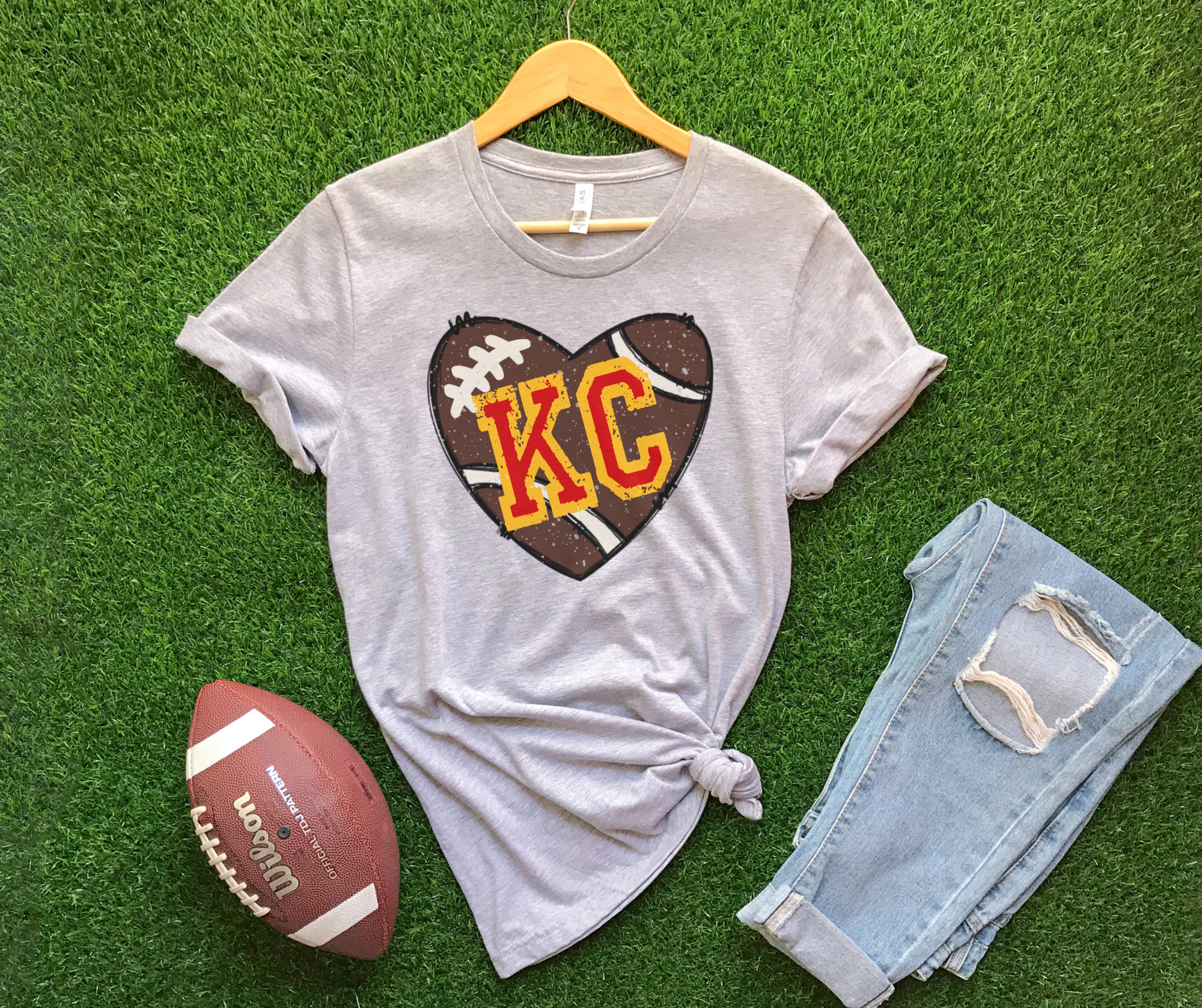 KC Football Heart Grey Graphic Tee - The Red Rival