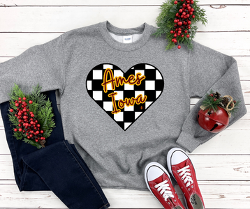 Ames Iowa Checkered Heart Grey Sweatshirt - The Red Rival