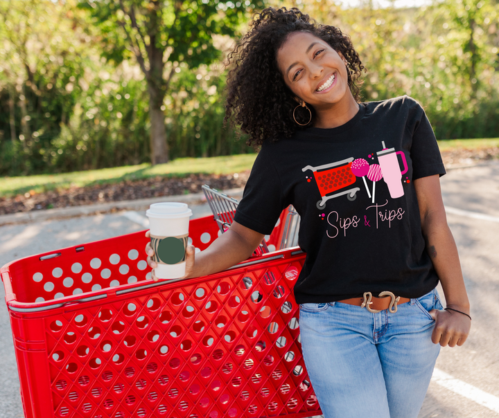 Pink Sips & Trips Black Graphic Tee - The Red Rival