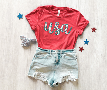 USA Floral Script Heather Red Tee - The Red Rival