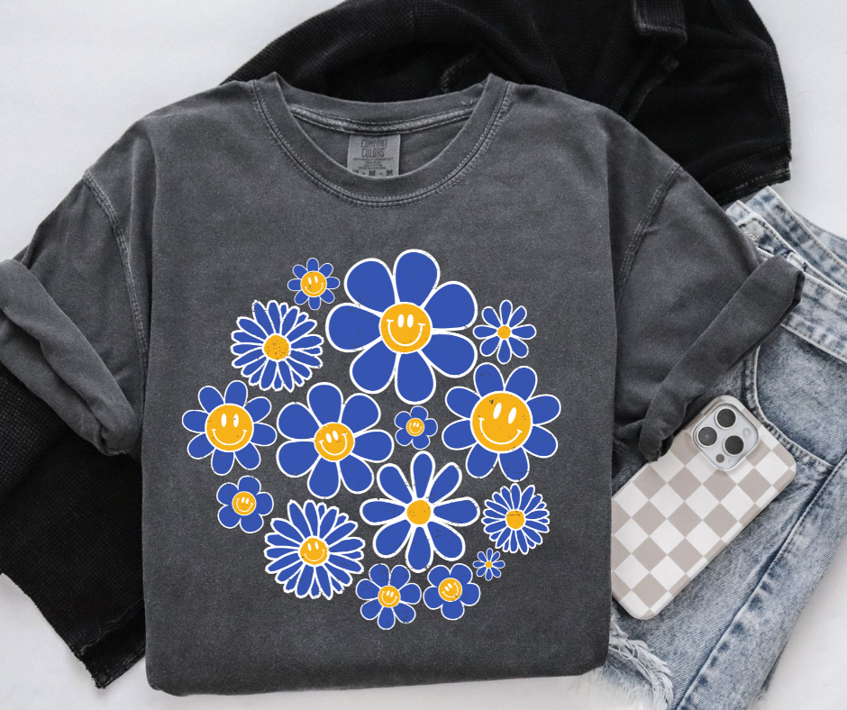 Blue/YELLOW Happy Flowers Pepper Tee - The Red Rival