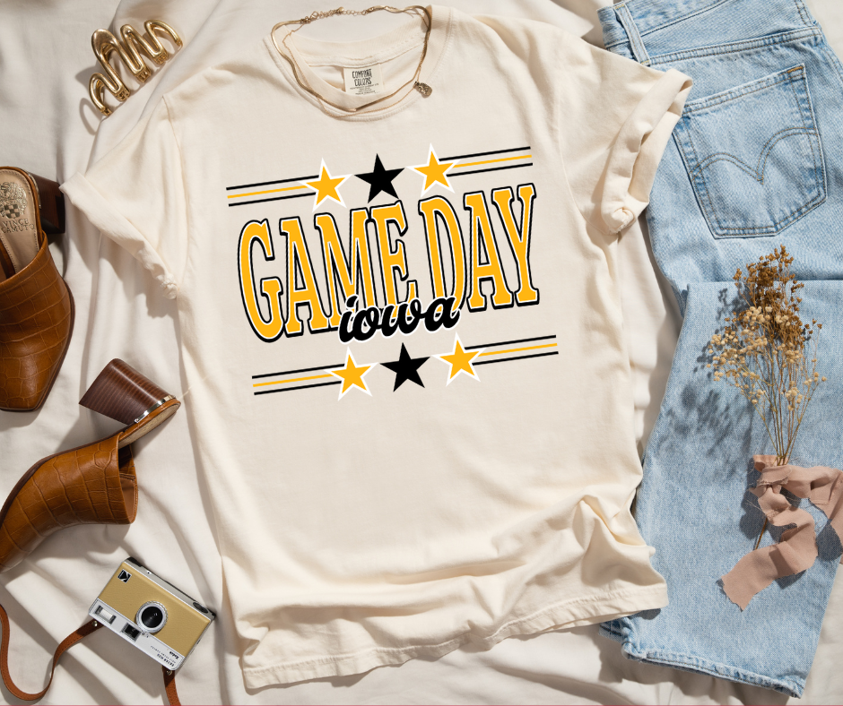 Game Day State Black & Gold 3-Star Iowa Ivory Tee - The Red Rival