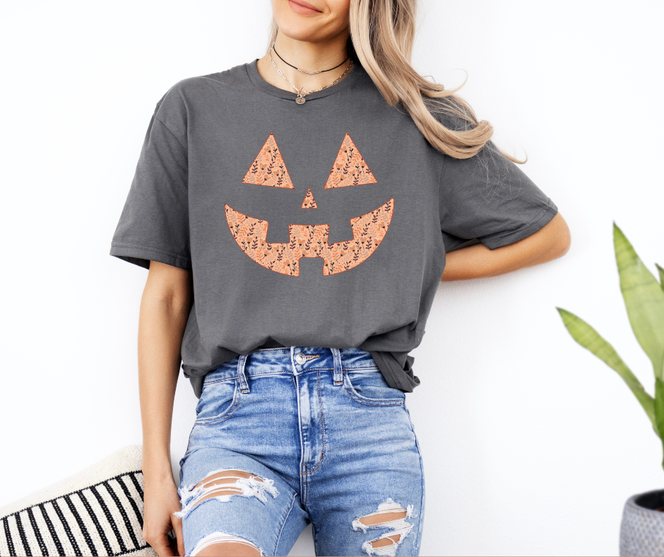 Floral Pumpkin Face Charcoal Tee - The Red Rival