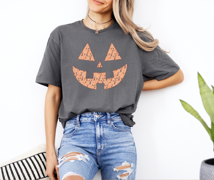 Floral Pumpkin Face Charcoal Tee - The Red Rival