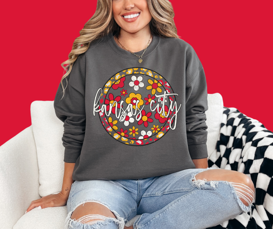 Boho Floral Kansas City Script Circle Grey Sweatshirt - The Red Rival