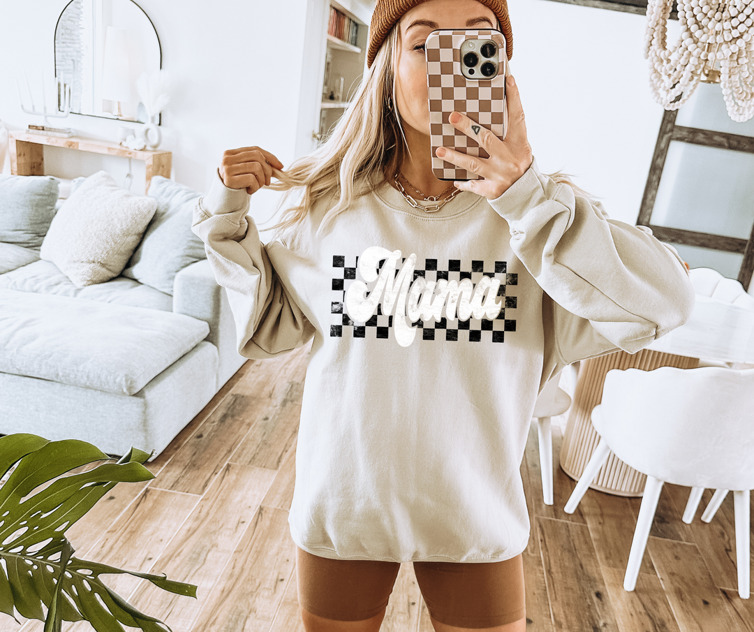 Retro Checkered Mama Tan Sweatshirt - The Red Rival