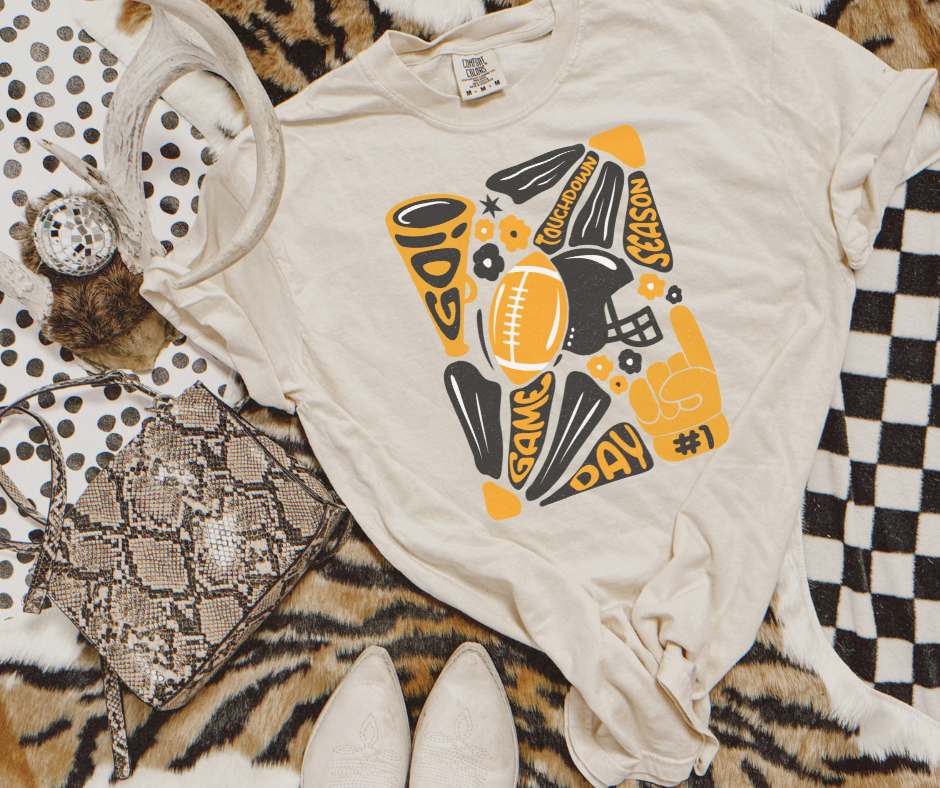 Iowa Black & Gold Hand Drawn Football Abstract Flower Art Ivory Tee - The Red Rival