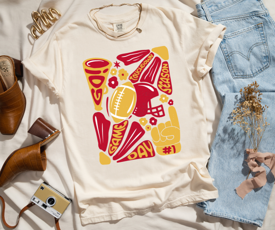 Iowa State Maroon & Gold Hand Drawn Football Abstract Flower Art Ivory Tee - The Red Rival