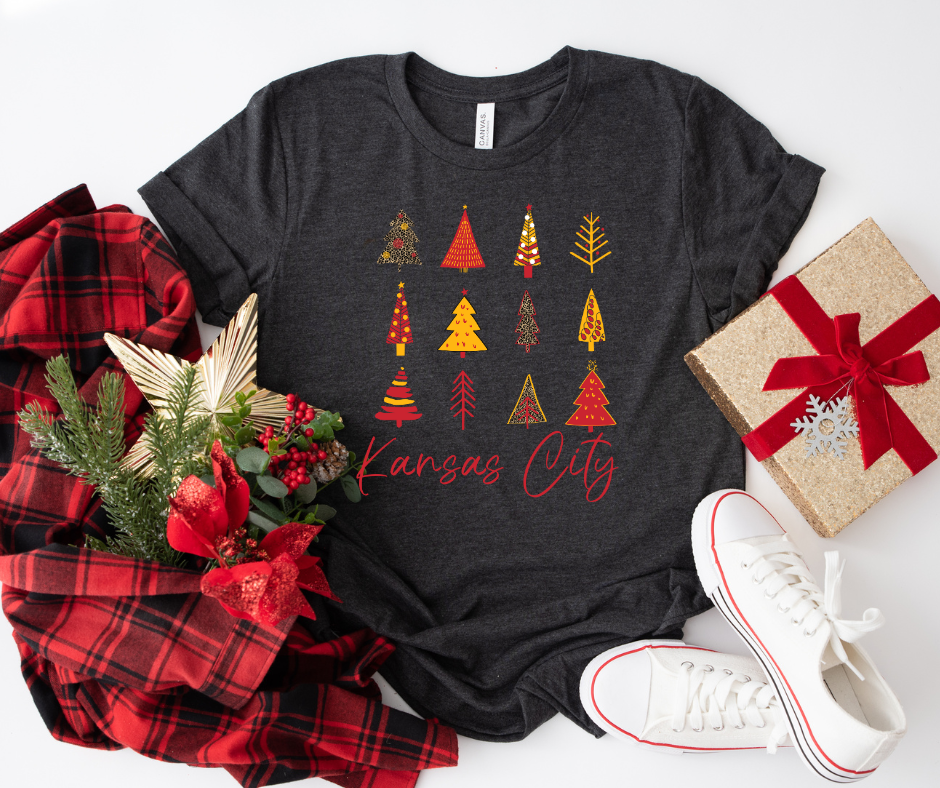 Kansas City Christmas Tree Pattern Dark Heather Grey Tee - The Red Rival
