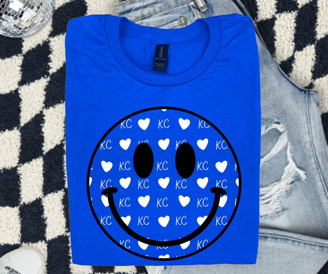 All White KC Hearts Smile Face Blue Tee - Tees - The Red Rival