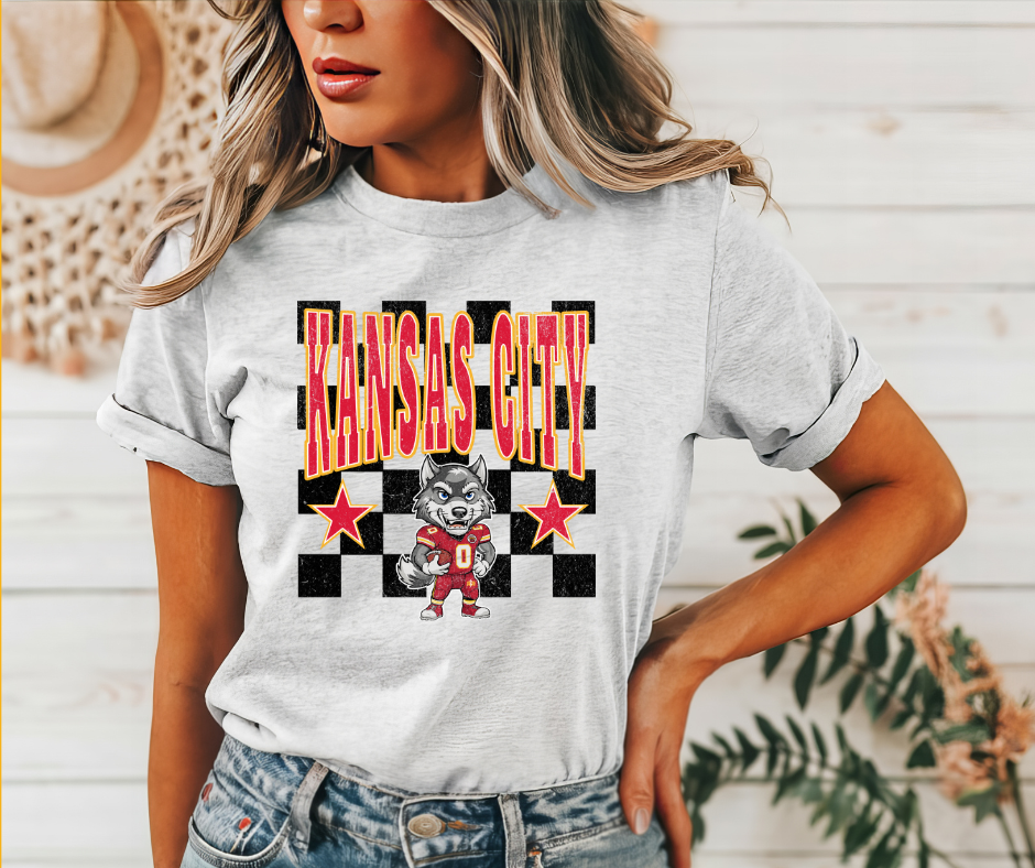Kansas City Wolf Mascot Checkered Ash Tee - The Red Rival