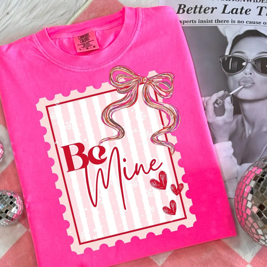 Be Mine Postage Stamp Neon Pink Tee - Tees - The Red Rival