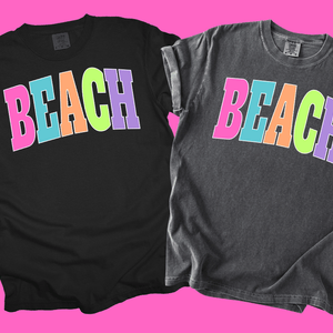 BEACH - Multi - Color Varsity Letters (Pick your tee color) - Graphic Tee - The Red Rival