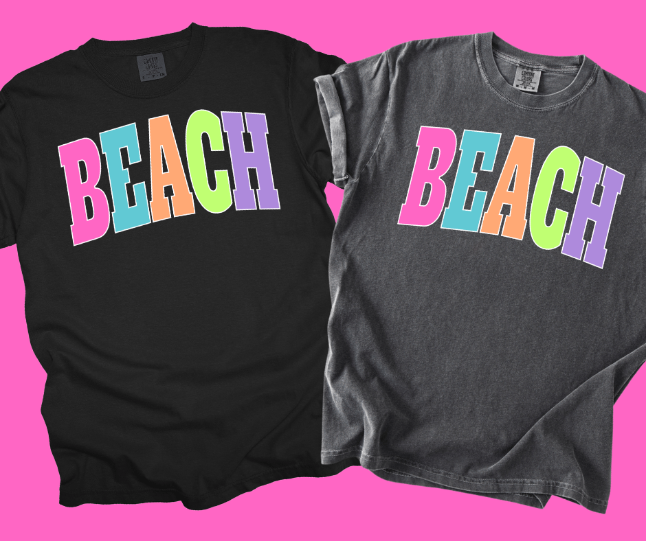 BEACH - Multi - Color Varsity Letters (Pick your tee color) - Graphic Tee - The Red Rival
