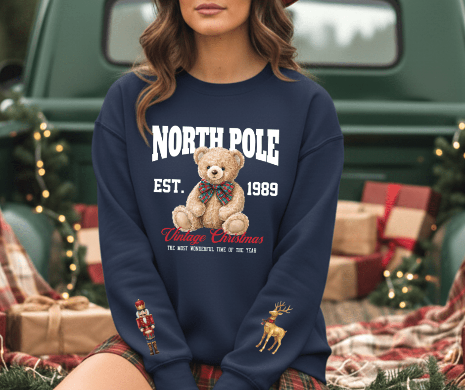 BLACK FRIDAY DEAL - Vintage North Pole Bear Nutcracker/Deer Sleeve Long Sleeve Tee OR Sweatshirt (FINAL SALE) - Tees - The Red Rival