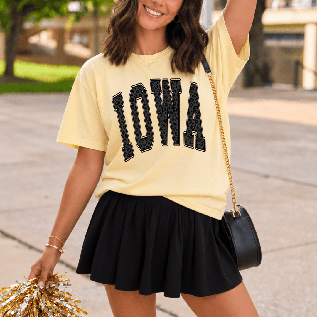 Black Leopard I-O-W-A Varsity Letters Butter Tee or Sweatshirt - Tees - The Red Rival