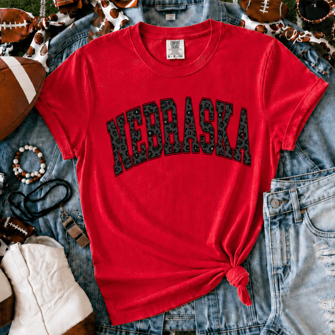 Black Leopard N-E-B-R-A-S-K-A Varsity Letters Red Tee or Sweatshirt - Tees - The Red Rival