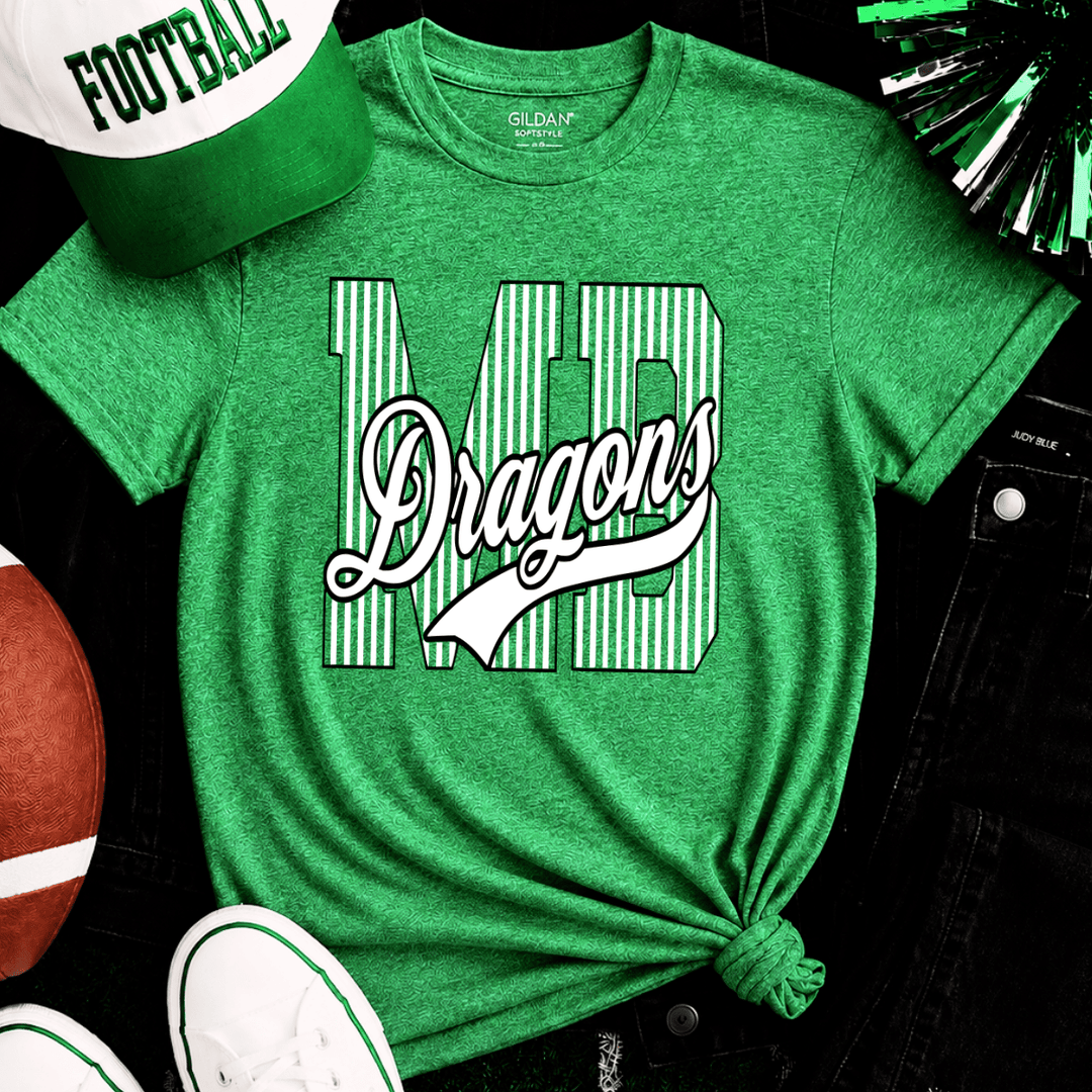 Black/White Striped Mid-Buch DRAGONS Heather Green Tee - Tees - The Red Rival