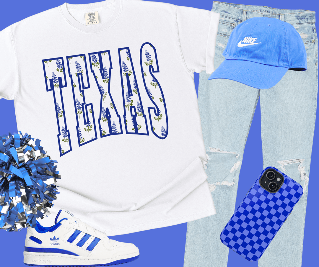 Blue Flowers TEXAS Text White Tee - Tees - The Red Rival
