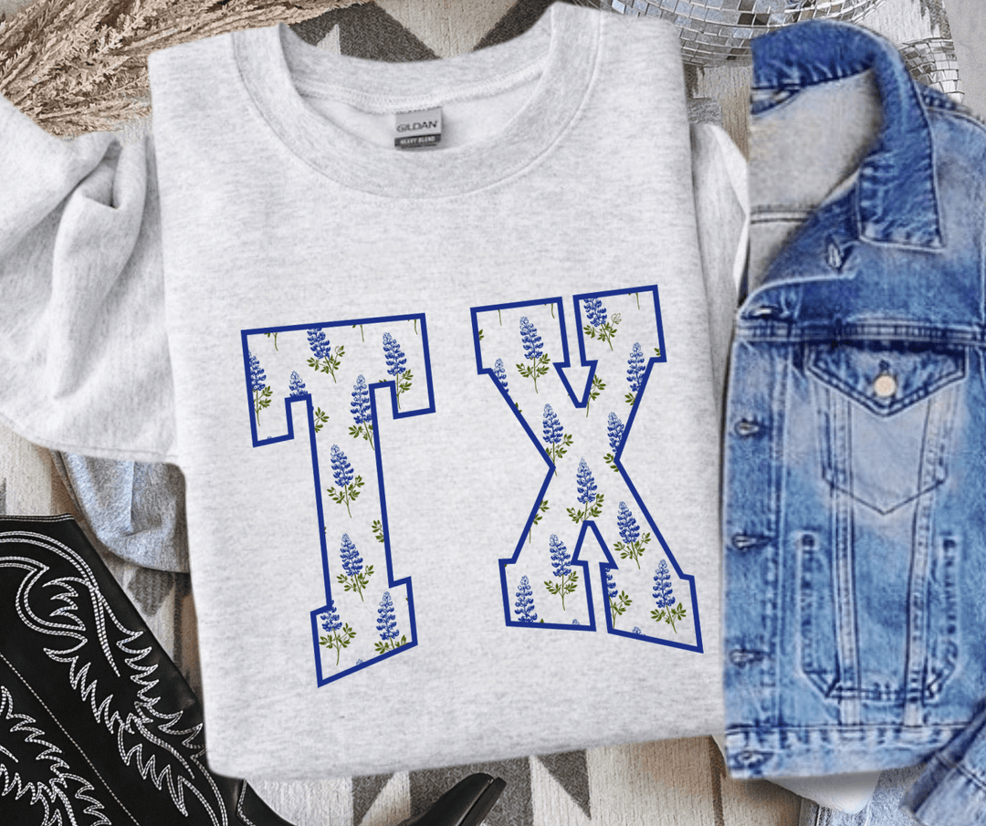 Blue Flowers TX Text Ash Sweatshirt - Tees - The Red Rival