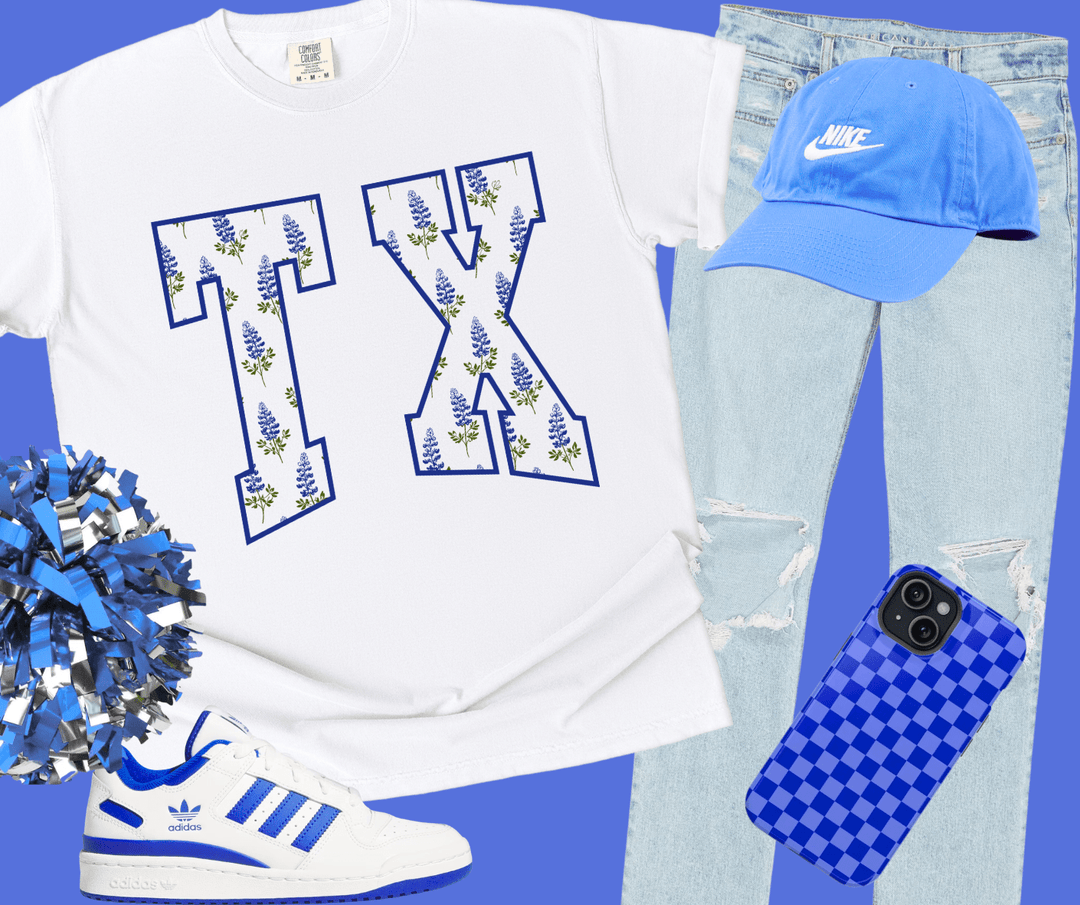 Blue Flowers TX Text White Tee - Tees - The Red Rival