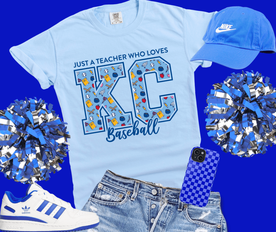 Blue Icon Letters - Just a Teacher who loves KC Baseball Light Blue Tee - Tees - The Red Rival