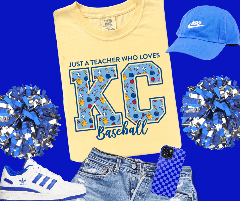 Blue Icon Letters - Just a Teacher who loves KC Baseball Light Yellow Tee - Tees - The Red Rival