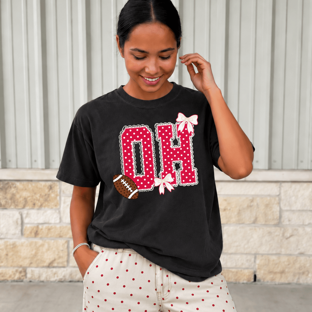 Bow Red/White Polkadot Lace O-H Letters Black Tee - Tees - The Red Rival