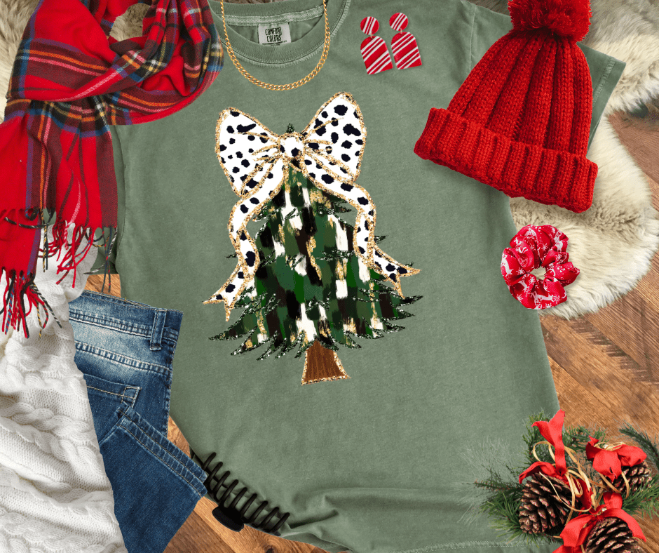 Brush Strokes Tree Coquette Christmas Bow Moss Tee - Tees - The Red Rival