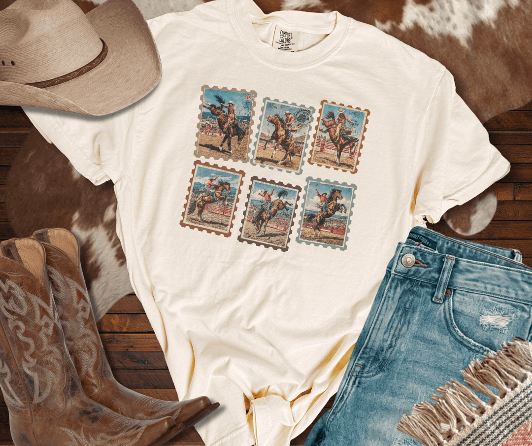 Buckin Horses Postage Stamp Ivory Tee - Tees - The Red Rival