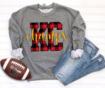Buffalo Plaid KC Champs Grey Sweatshirt - Graphic Tee - The Red Rival