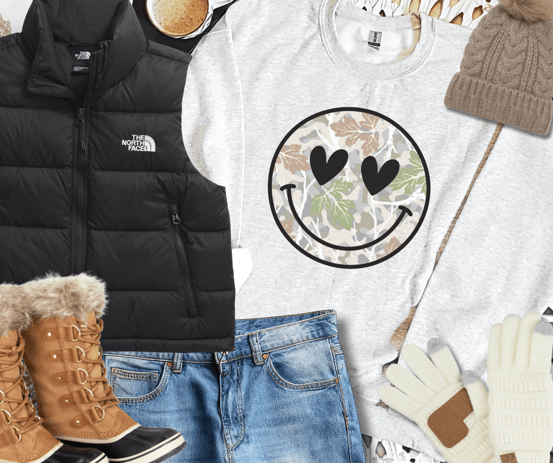 Camo Heart Eyes Smiley Face Ash Sweatshirt or Tee - Tees - The Red Rival