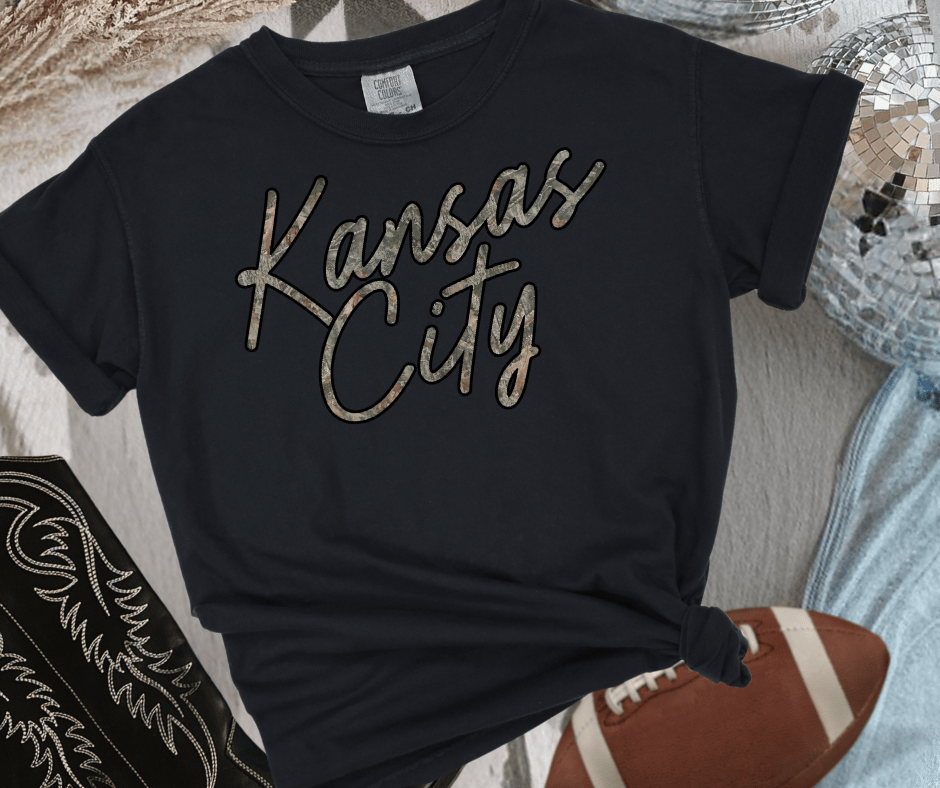 Camo Kansas City Script Sweatshirt or Tee - Wholesale - The Red Rival