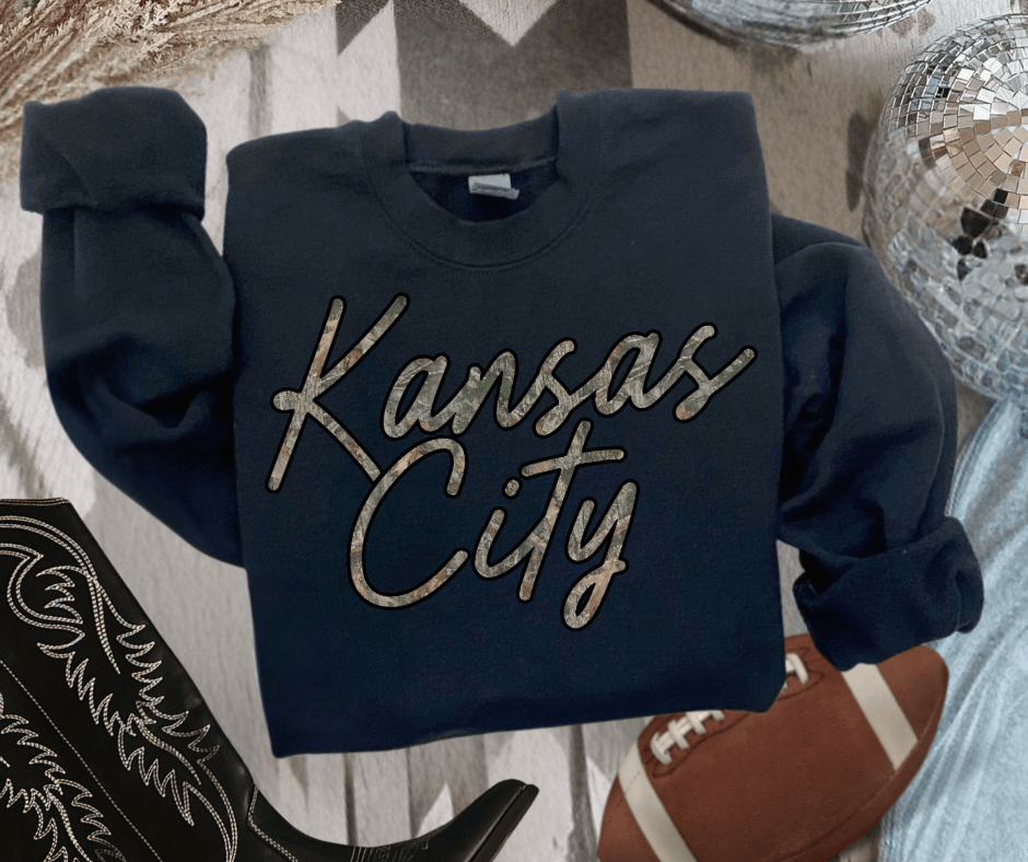 Camo Kansas City Script Sweatshirt or Tee - Wholesale - The Red Rival