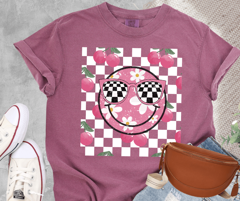 Checkered Cherry Smile Face Berry Tee - Graphic Tee - The Red Rival
