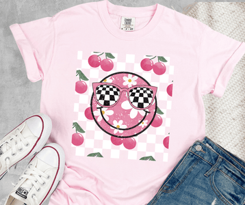 Checkered Cherry Smile Face Light Pink Tee - Graphic Tee - The Red Rival