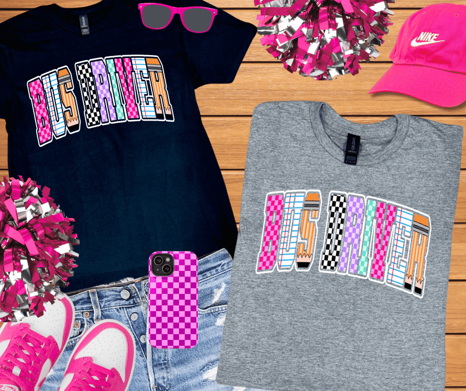 Checkered, Notebook, Pencil BUS DRIVER Letters (Pick Your Tee Color) - Tees - The Red Rival