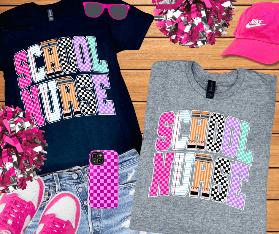 Checkered, Notebook, Pencil SCHOOL NURSE Letters (Pick Your Tee Color) - Tees - The Red Rival