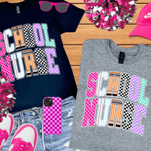 Checkered, Notebook, Pencil SCHOOL NURSE Letters (Pick Your Tee Color) - Tees - The Red Rival